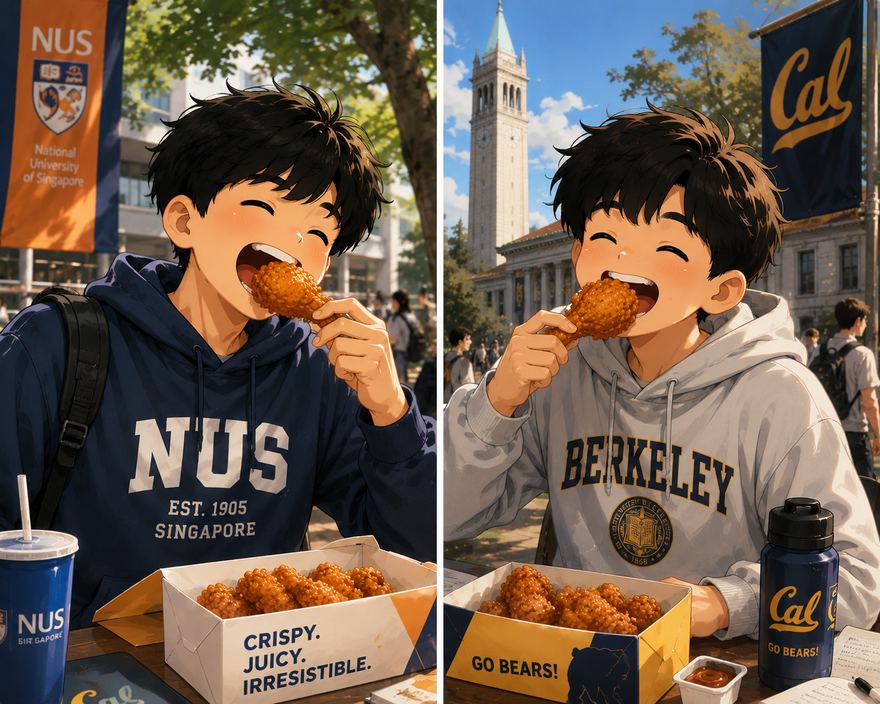 Illustration of the two friends as university students abroad, each enjoying fried chicken on campus