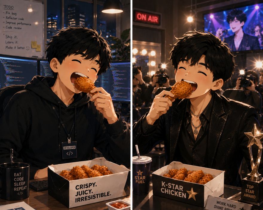 Illustration of the two friends in their busy careers, still eating fried chicken