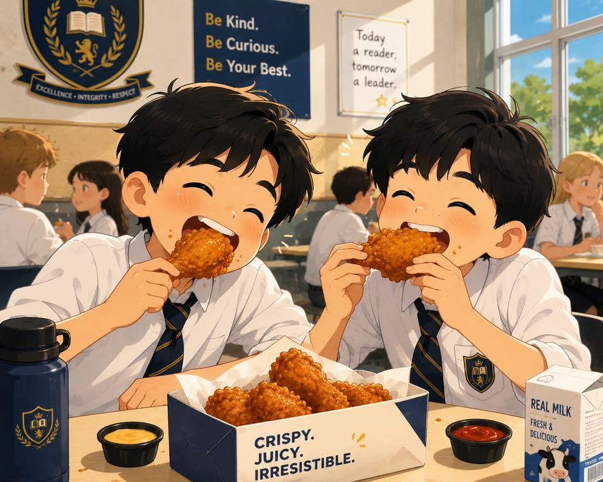 Illustration of two schoolboys happily eating fried chicken in a school cafeteria